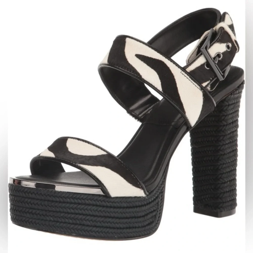 DKNY Yadira Double Strap Platform Heeled Sandal Black White Zebra Print Size 9